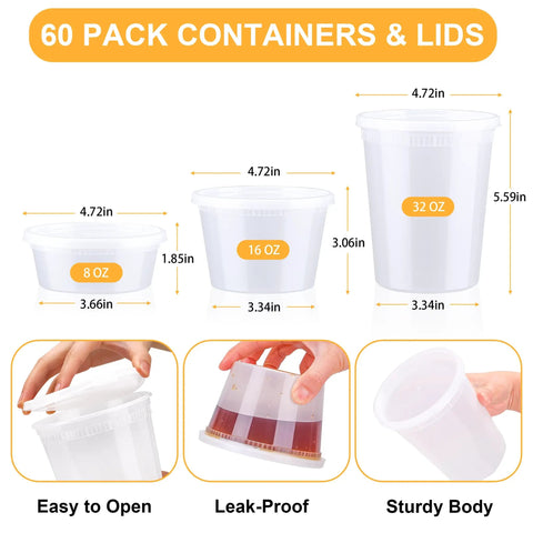 60 Count Deli Containers With Lids For Grab And Go Meals, 32 Oz 16 Oz 8 Oz Sets, 20 Each, Leak Proof BPA Free Plastic Storage, Airtight Stackable Takeout Containers For Freezer Microwave Dishwasher, showing sizes