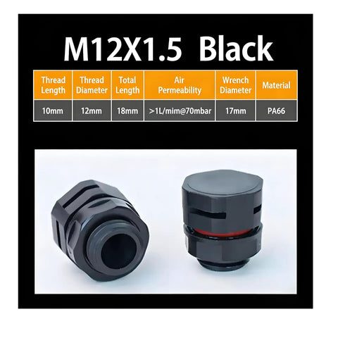 2 Pack IP68 Industrial Breather Vents M12x1.5 Thread Dual Port Pressure Equalization Valve showing black body and dimensions.