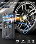 Go To Roadside Lifesaver Jump Starter With Air Compressor inflating car tire, 150 PSI digital inflator visible