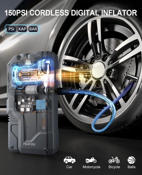 Go To Roadside Lifesaver Jump Starter With Air Compressor inflating car tire, 150 PSI digital inflator visible