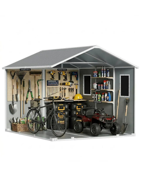 Outdoor Resin Storage Shed 8x10 Ft With Lockable Door Weather Resistant Plastic Garden Tool Shed interior with tools and equipment