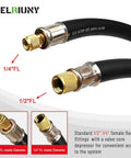 HVAC vacuum hose with 1/2-inch and 1/4-inch flare brass fittings, black rubber, 6 ft length
