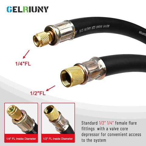 HVAC vacuum hose with 1/2-inch and 1/4-inch flare brass fittings, black rubber, 6 ft length