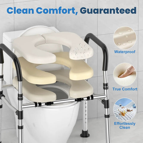 Premium Raised Toilet Seat Featuring Secure Grip Handles For Seniors And Pre And Post Surgery Recovery Built Tough With Anti Slip Base No Hassle Setup Supports Four Hundred Pounds FSA HSA Approved Bath Gear