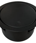 Top view of black Power Tap Grommet with hidden center for desk setup featuring 2 power outlets, 2 USB ports, 2 CAT5e RJ45.