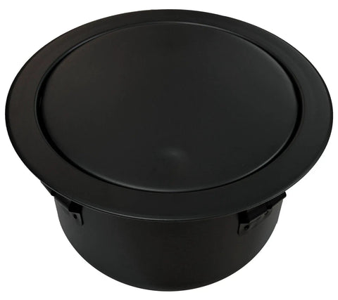 Top view of black Power Tap Grommet with hidden center for desk setup featuring 2 power outlets, 2 USB ports, 2 CAT5e RJ45.