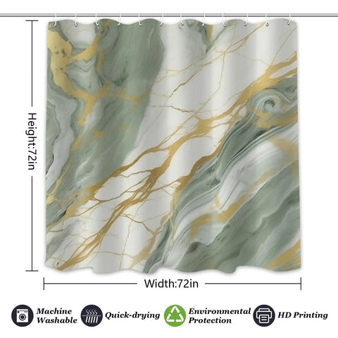 Boho Chic Green Gold Shower Curtain for Bathroom with Sage White and Light Green Marble Print Waterproof Polyester Fabric Set with 12 Hooks 72x72 Inches Semi Transparent Modern Luxury Bath Decor