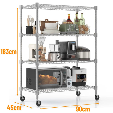 Adjustable 4 Tier Metal Wire Shelving Rolling Storage Rack With Heavy Duty Casters displaying kitchen appliances, 183cm tall, 90cm wide.