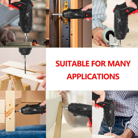 Go To 3.6V Cordless Screwdriver Set With Quick Grip Mini Power Drill For No Sweat Home Repairs, shown in various applications.