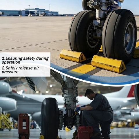 Mechanic using Valve Stem Removal Tool for Aircraft Tire Valve Cores with Safe Air Release on aircraft landing gear in hangar.