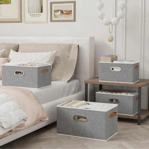 Foldable Canvas Storage Bins for Shelves, Large Fabric Closet Organizer With Three Handy Handles, Gray Cloth Storage Boxes
