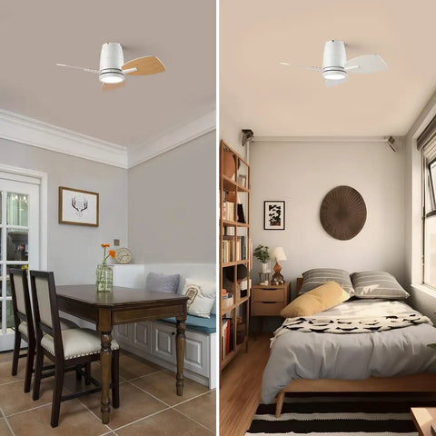 30 Inch Ceiling Fan With Lights Remote Control Quiet DC Motor Flush Mount For Bedroom And Kids Room White And Wood Grain Finish Dual Sided Blades Keeps It Cool In Small Rooms Perfect For Flat Ceilings