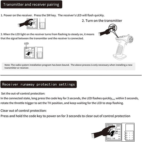 Instructions for pairing 2.4GHz RC Transmitter And Receiver Kit With FHSS 67 Channels, showing step-by-step receiver and transmitter setup.
