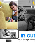 Ultra Small 1080P WiFi Security Cam For Indoor And Outdoor Use Hidden Tiny Surveillance Cam With Night Vision Motion Detection App Control From Your Phone 2.4GHz Only Easy Setup showing day and night vision with girl and dog.