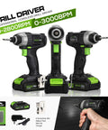20V Cordless Impact Driver With One Quarter Inch Hex Chuck LED Work Light Includes Six Bit Set Variable Speed Trigger From Zero To Two Thousand Eight Hundred RPM One Point Three Amp Hour Battery And Charger Included displayed with bits and charger