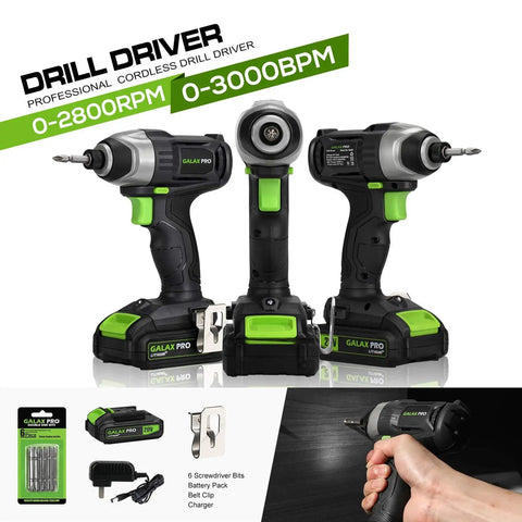 20V Cordless Impact Driver With One Quarter Inch Hex Chuck LED Work Light Includes Six Bit Set Variable Speed Trigger From Zero To Two Thousand Eight Hundred RPM One Point Three Amp Hour Battery And Charger Included displayed with bits and charger