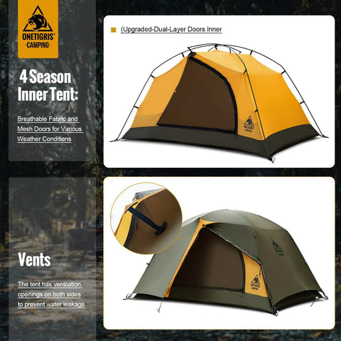 Stella 4 Season Camping Tent For 2 People Ultra Lightweight Backpacking Shelter Waterproof 3000mm with dual-layer doors