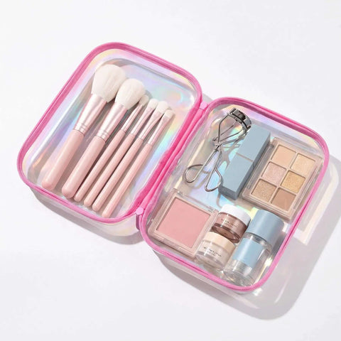 Hella Durable Clear Hard Shell Travel Organizer Cases With Smooth Zipper Closure Kickass Iridescent Coating holding beauty tools and makeup.