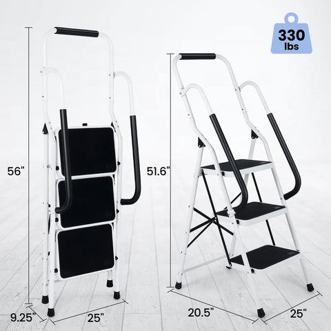 Ultra Handy 3 Step Folding Ladder With Handrails Wide Anti Slip Pedals Steel Portable Stool for home, 51.6" open, 56" folded