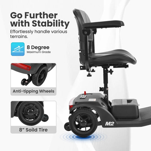 Mobility scooter M2 in black with adjustable tiller, 8-inch solid tires, anti-tip wheels, LED headlight