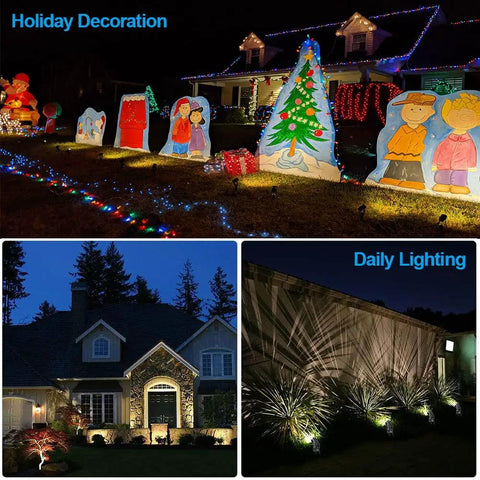 House with holiday decorations and landscape lighting using 6 Pack Outdoor Landscape Lighting Kit With 1800 Lumens 12V Low Voltage
