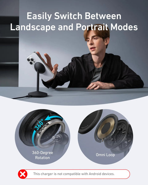 Person using MagSafe Charger Stand For iPhone 17 16 15 14 13 Series 15W Fast Wireless Charging Station Qi2 Certified Stand