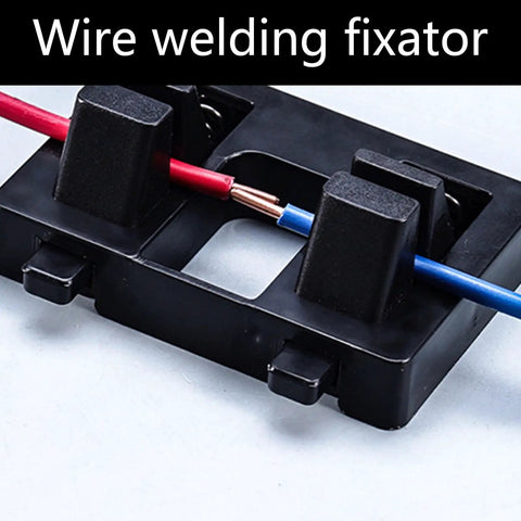 Heavy Duty Wire Welding Holder Clamp With High Temp Resistant ABS Base To Securely Grip Loose Cables For Soldering Home DIY Projects And Workshop Repairs Like A Pro close-up view of the clamp holding red and blue wires.