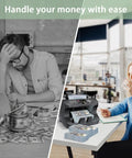Split image of stressed man with cash and woman using Money Counter Machine For US Dollars With Mixed Denominations, Fast Bill Value Counting, Subtotal And Total Display, UV MG IR Counterfeit Detection, Built For Small Biz Cash Handling And Daily Cash Flow.