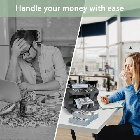 Split image of stressed man with cash and woman using Money Counter Machine For US Dollars With Mixed Denominations, Fast Bill Value Counting, Subtotal And Total Display, UV MG IR Counterfeit Detection, Built For Small Biz Cash Handling And Daily Cash Flow.