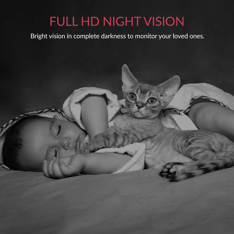 Two Pack Smart Home Camera System With 1080p WiFi Indoor Surveillance AI Human Detection Pet Monitor showing night vision.