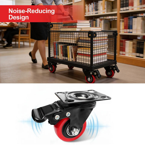 2-Inch Heavy Duty Polyurethane Caster Wheels Set Of 4 With Brakes on library cart, showing silent 360 degree swivel feature