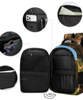 Interior view of Savanna Tusked Elephant Printed Unisex Backpack with pockets for phone and pens, large capacity.