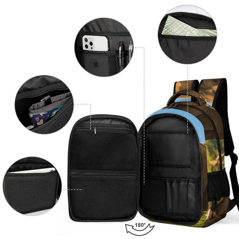 Interior view of Savanna Tusked Elephant Printed Unisex Backpack with pockets for phone and pens, large capacity.
