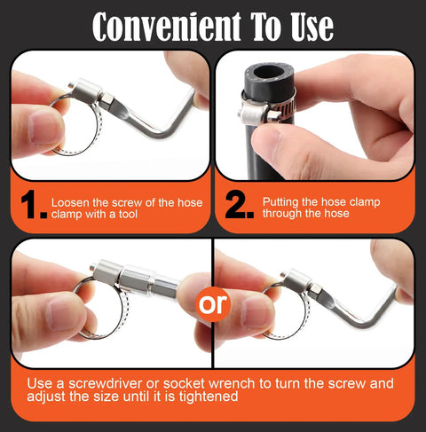 All Purpose 185 Piece Stainless Steel Hose Clamps Kit with 8 Sizes showing use instructions and tools