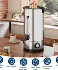 Massive 110 Cup Commercial Coffee Urn With Double Wall Insulation 16 Liter 4.2 Gallon Stainless Steel Beverage Dispenser on countertop