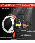 Rugged Electric Concrete Saw With Premium Diamond Blade And Toroidal Motor, showcasing rear handle, splash guard, and water pipe.