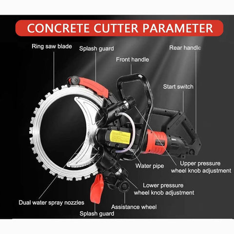 Rugged Electric Concrete Saw With Premium Diamond Blade And Toroidal Motor, showcasing rear handle, splash guard, and water pipe.