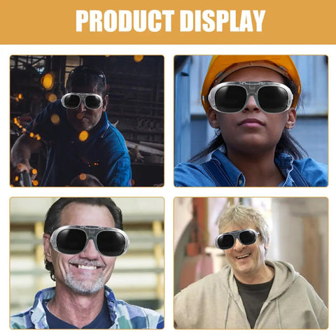Rock Solid Welding Safety Glasses Featuring Splash Proof Black Gray Lenses For Heavy Duty Job Sites model displays in various environments.