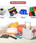 Electric Hot Knife Benchtop Cutter With 105 mm Cutting Width 900 Degree Celsius Blade Temperature 4 Stage Adjustable Control Perfect For Fabric Nylon Webbing Belts Ribbon Braids Canvas And Rope Projects with assorted materials.