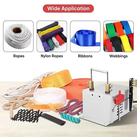 Electric Hot Knife Benchtop Cutter With 105 mm Cutting Width 900 Degree Celsius Blade Temperature 4 Stage Adjustable Control Perfect For Fabric Nylon Webbing Belts Ribbon Braids Canvas And Rope Projects with assorted materials.