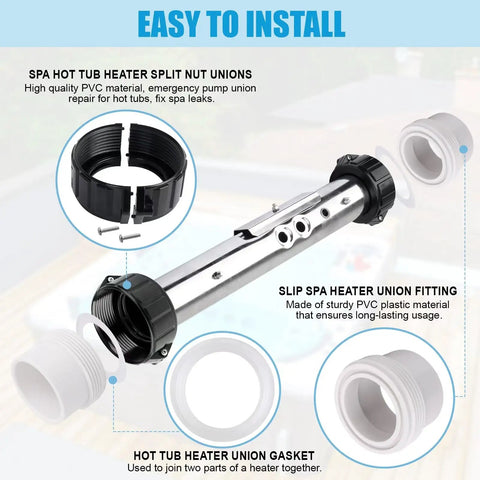 Hot Tub Heater Split Nut Union And Tailpiece 2 Inch Adapter Kit Set of 2 with washers, easy to install spa piping upgrade
