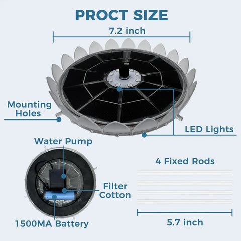 Diagram of Six Point Three Inch Solar Bird Bath Fountain With Battery And Color Changing Led Lights showing dimensions and components.