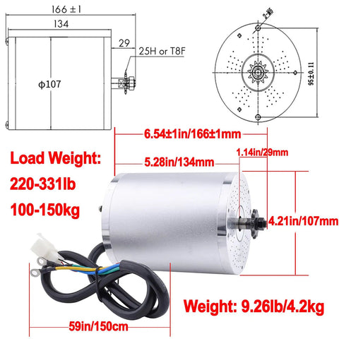 Beast Power 48V 1800W Brushless DC Motor Kit For Go Karts And E-Bikes, 3900RPM Max, 5.1N.M Torque, product dimensions with schematic