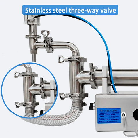 Automatic Single Head Liquid Filler Pneumatic Bottle Filling Machine Stainless Steel Anti Drip Valve close-up of three-way valve.