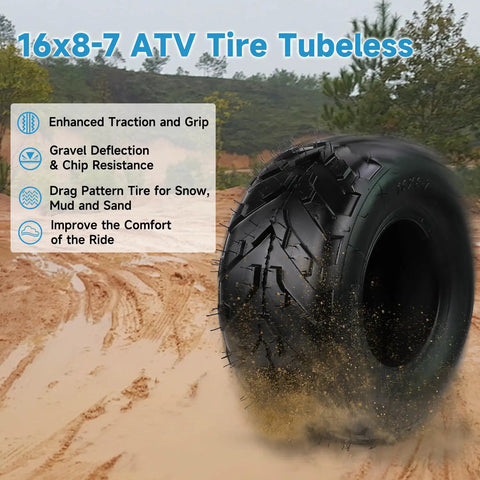 16x8-7 ATV Tire Tubeless all-terrain replacement in mud with V-pattern tread for Tao Tao Coolster 110cc 125cc 150cc 200cc Quad
