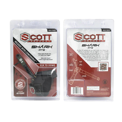 Front and back packaging of Archery Release RTS With Adjustable Index Finger Travel And Four Hole Length Caliper Style Two Piece Head