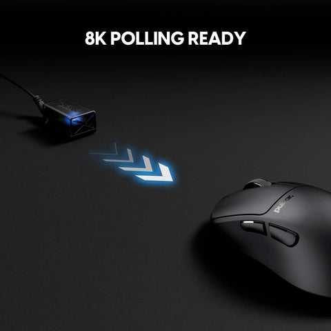 Ultra Lightweight Wireless Gaming Mouse With Dope Minimalist Build And Tight Sensor Tracking For Rapid Flick Shots And Featherlight Control In Jet Black close-up with 8K polling technology.