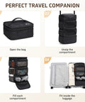 Steps showing the Multi Layer Travel Closet Organizer Bag For Luggage Packing with Hook Design and adjustable compartments inside luggage.