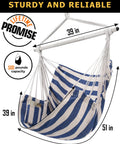 Heavy Duty Outdoor Hammock Chair Swing With Steel Spreader Bar And Anti Slip Rings 500 Pound Capacity For Patio Backyard Porch Deck Or Indoor Bedroom Relaxation, showing striped fabric and measurements.