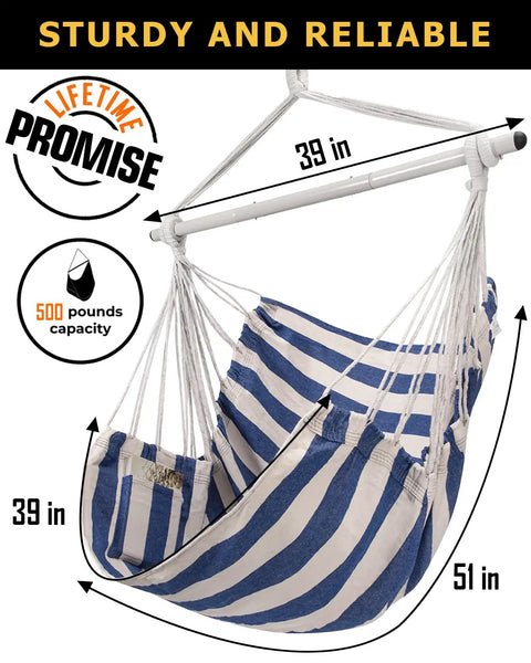 Heavy Duty Outdoor Hammock Chair Swing With Steel Spreader Bar And Anti Slip Rings 500 Pound Capacity For Patio Backyard Porch Deck Or Indoor Bedroom Relaxation, showing striped fabric and measurements.